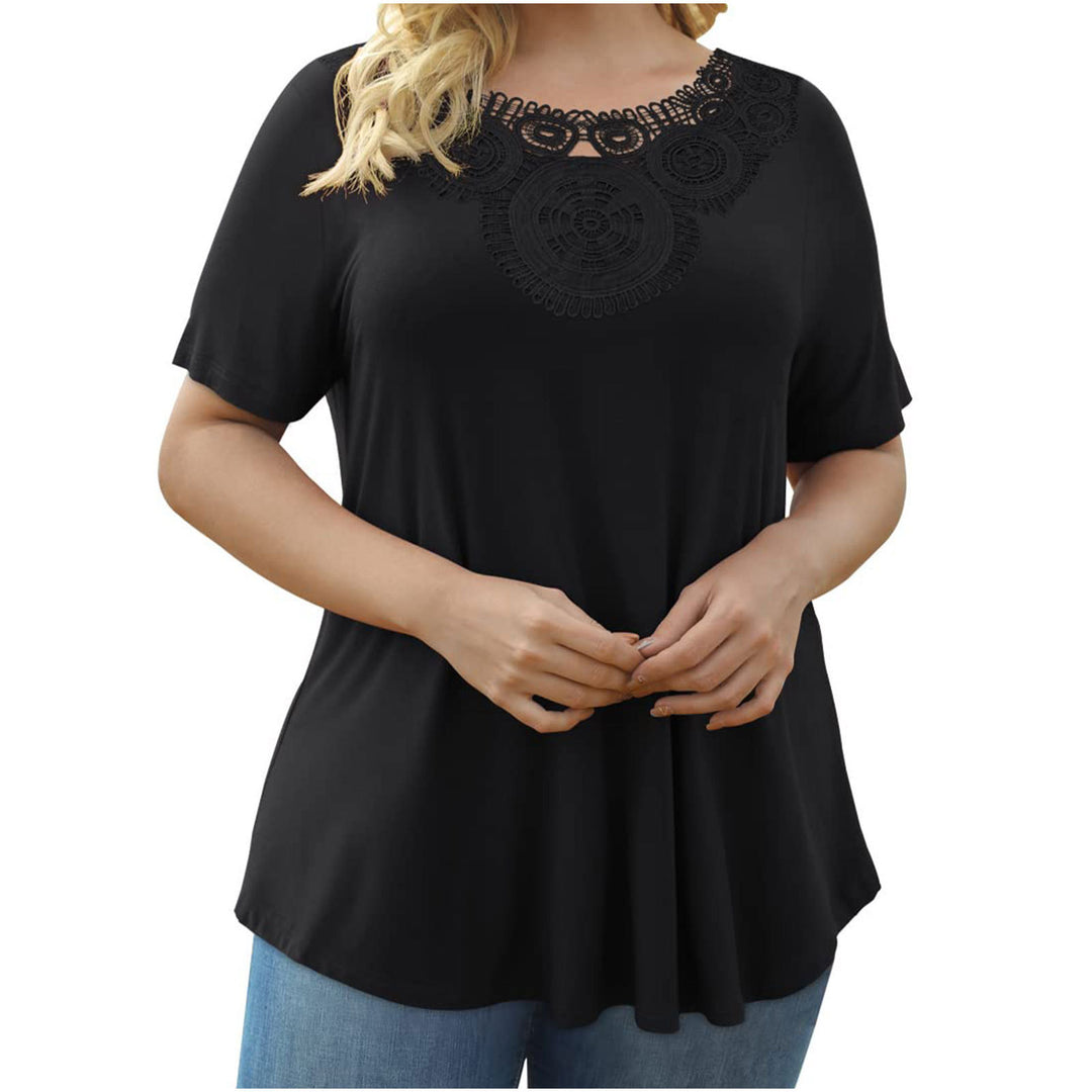 Women's Plus Size Short Sleeve Pullover Lace Pleated T-shirt Waist Top