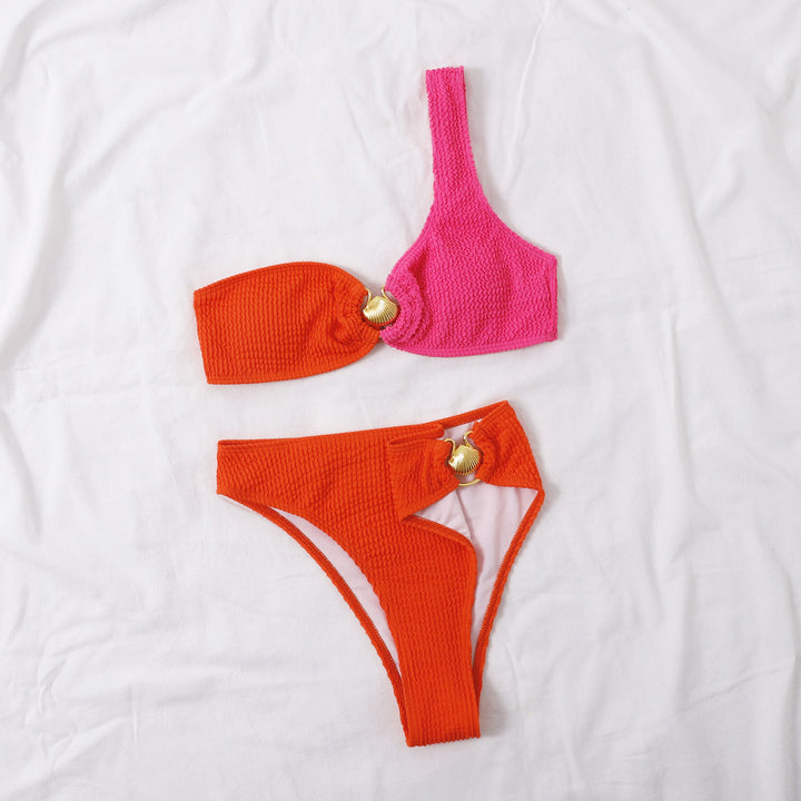 European And American Contrast Color Bikini Wave Pattern Split Swimsuit