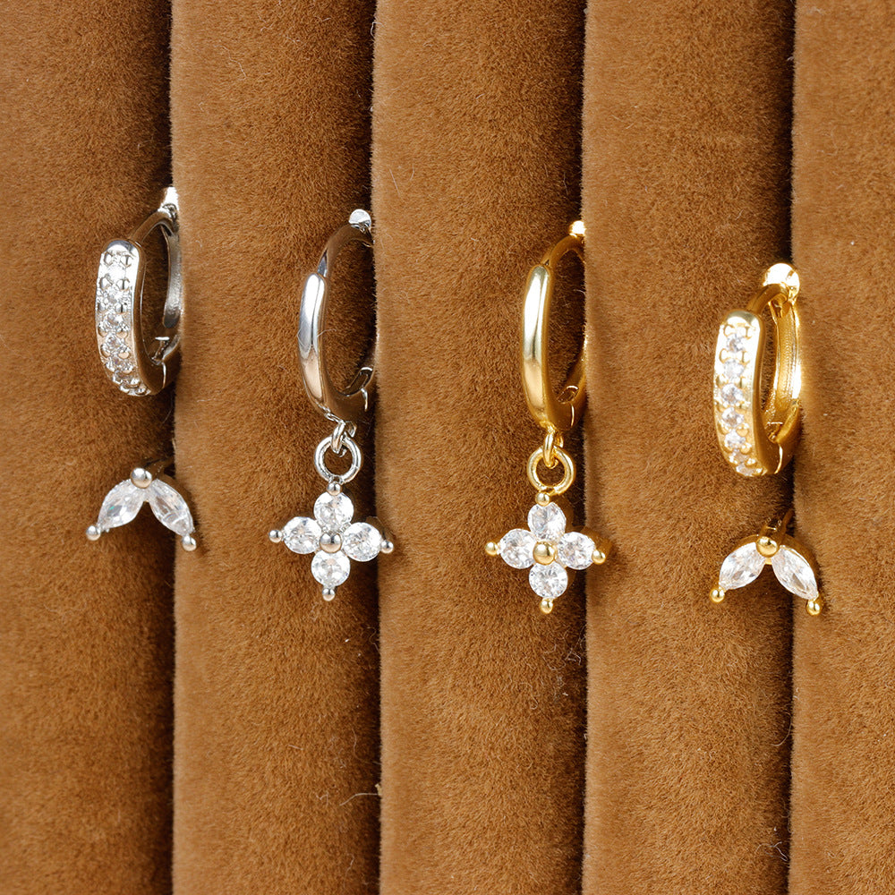 Flower Studded Diamond Stacked Earring Set