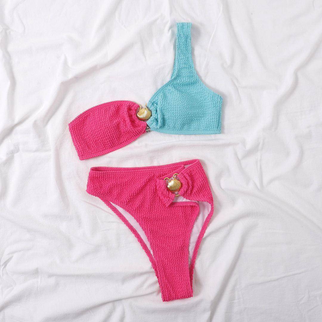 European And American Contrast Color Bikini Wave Pattern Split Swimsuit