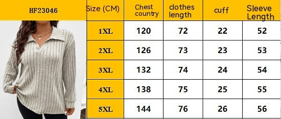 Solid Color Plus Size Women's Clothes Top V-shaped Lapel Sunken Stripe Brushed Long Sleeve