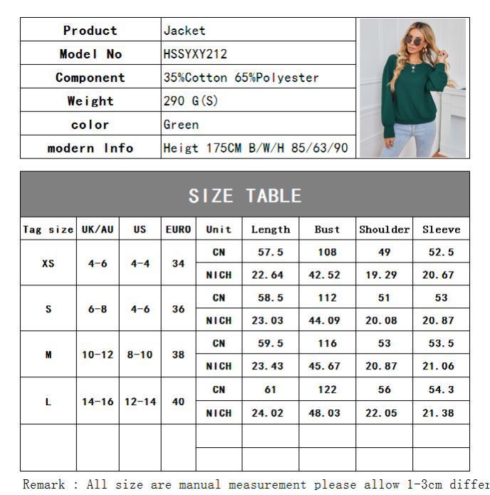 Solid Color Pullover Dark Green Women's Long Sleeve Loose Casual Top