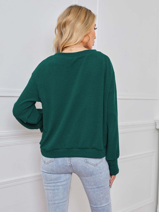 Solid Color Pullover Dark Green Women's Long Sleeve Loose Casual Top