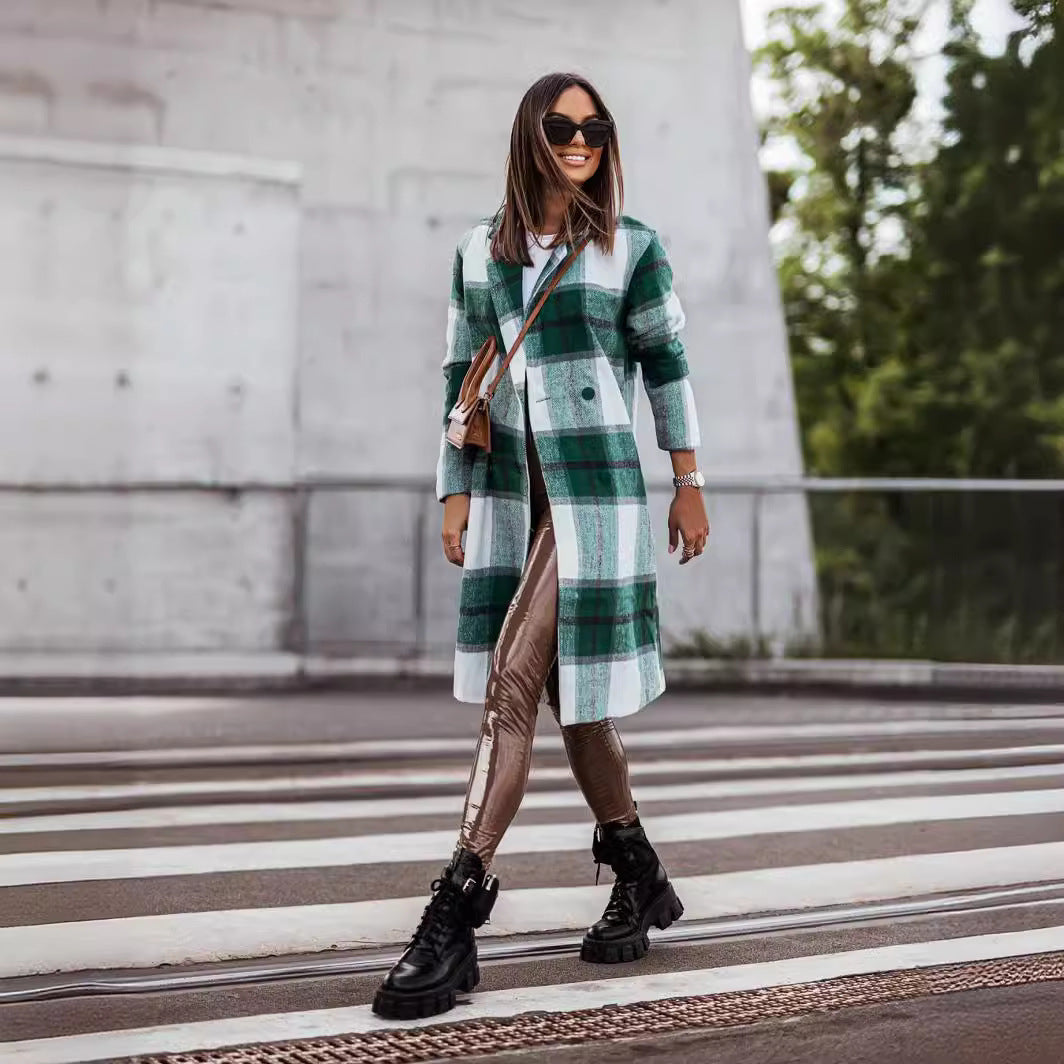 European And American Fall Winter Fashion Brushed Mid-length Plaid Wool Coat