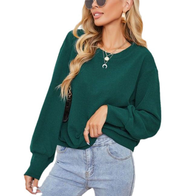 Solid Color Pullover Dark Green Women's Long Sleeve Loose Casual Top