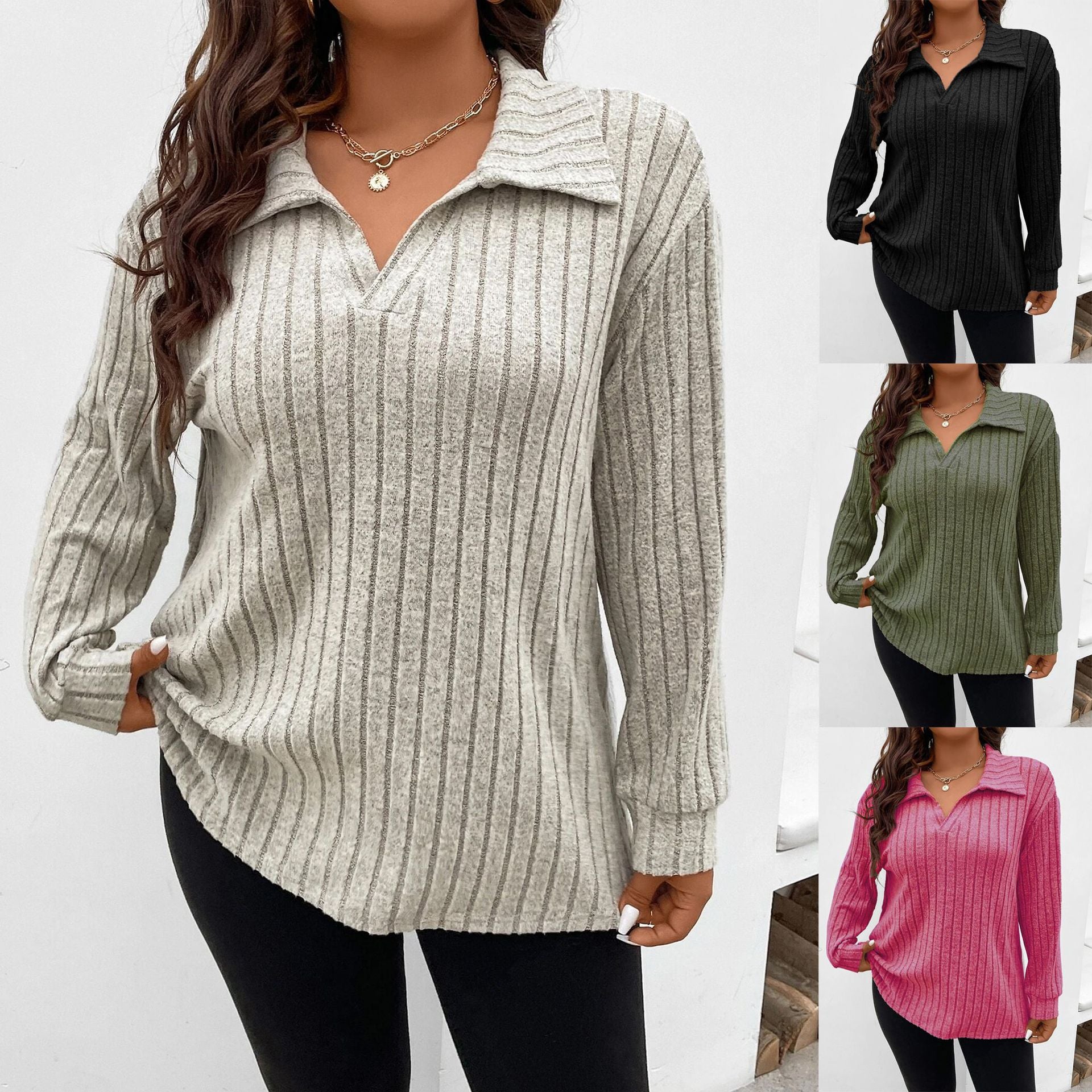 Solid Color Plus Size Women's Clothes Top V-shaped Lapel Sunken Stripe Brushed Long Sleeve