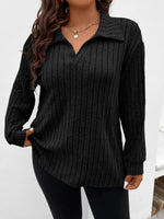 Solid Color Plus Size Women's Clothes Top V-shaped Lapel Sunken Stripe Brushed Long Sleeve