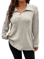 Solid Color Plus Size Women's Clothes Top V-shaped Lapel Sunken Stripe Brushed Long Sleeve