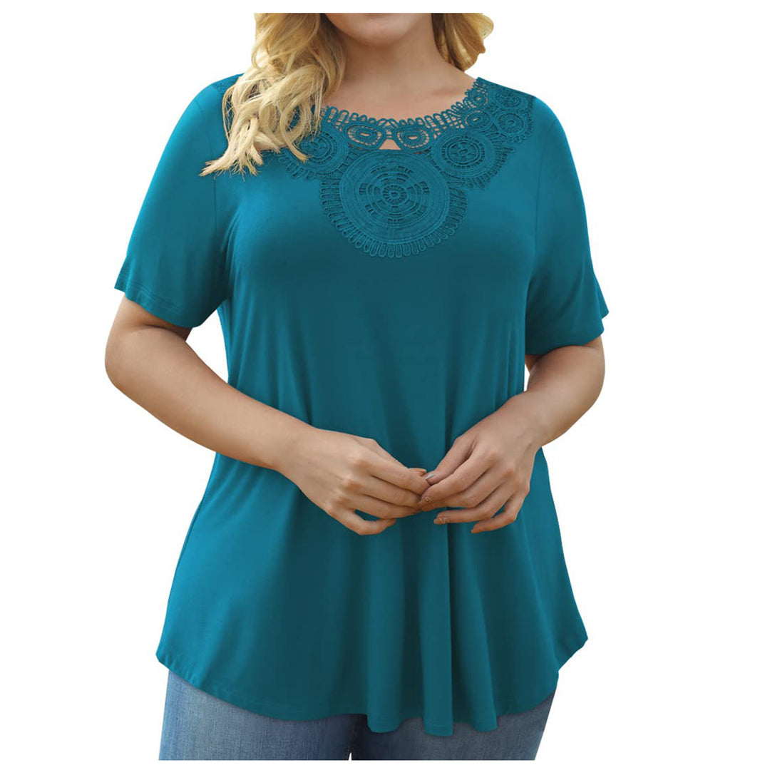 Women's Plus Size Short Sleeve Pullover Lace Pleated T-shirt Waist Top