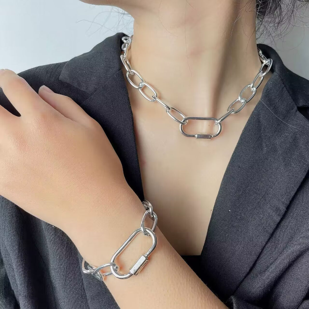 Simple Cross Thick Chain Necklace Bracelet Set Women