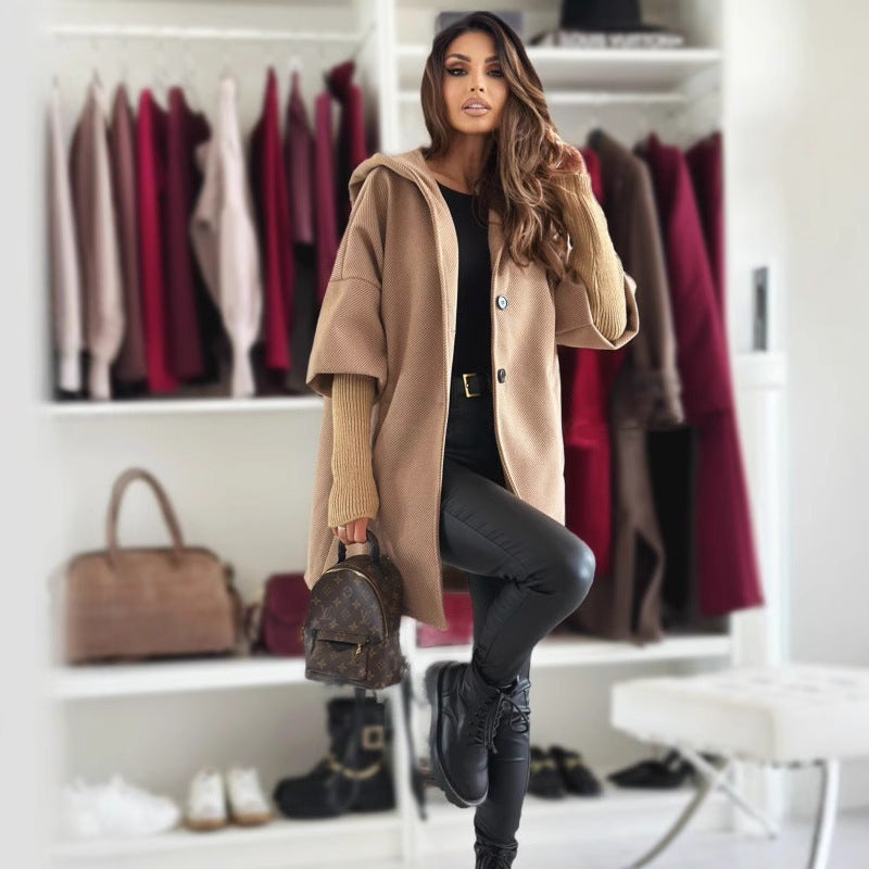 Fashion Loose Ladies Hooded Woolen Coat