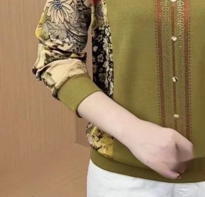 Women's Long-sleeved T-shirt V-neck Rhinestone Mom Wear Loose Belly-covering Slimming Top