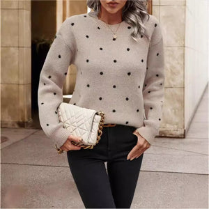 Fashion Round Neck Polka Dot Jacquard Long Sleeve Pullover Sweater