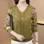 Women's Long-sleeved T-shirt V-neck Rhinestone Mom Wear Loose Belly-covering Slimming Top