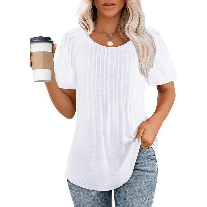 Pleated Round Neck Short-sleeved T-shirt Women's Top
