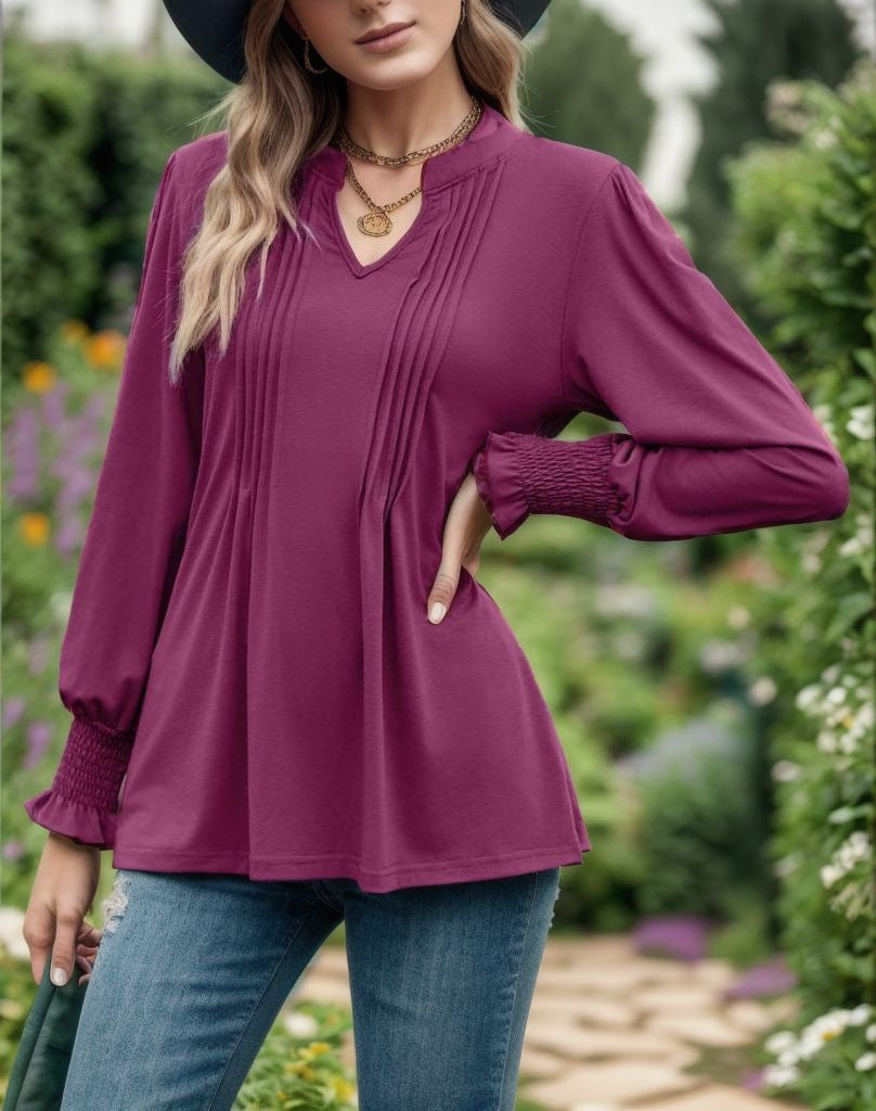 Women's Striped Puff Sleeve V-neck Top