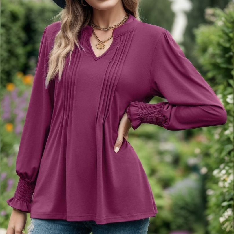 Women's Striped Puff Sleeve V-neck Top