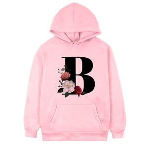 Women's 26-letter Flowers Printed Fleece Hoodie