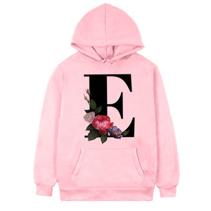 Women's 26-letter Flowers Printed Fleece Hoodie