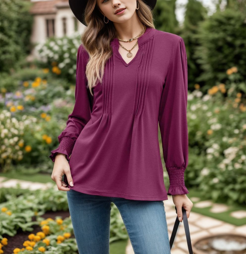 Women's Striped Puff Sleeve V-neck Top