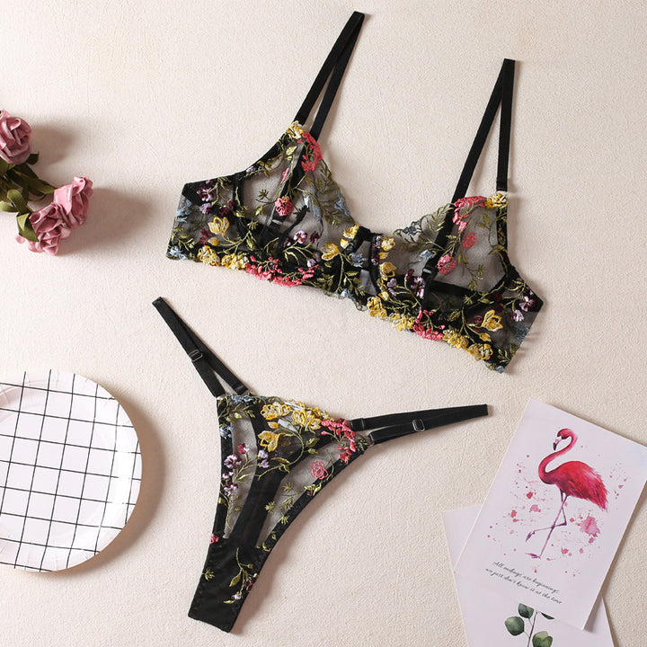 Floral Single Layer Bra With Steel Ring T-back Underwear Suit