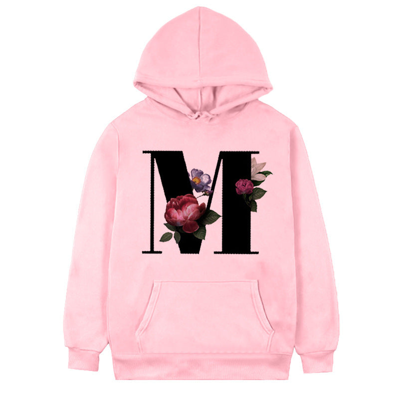 Women's 26-letter Flowers Printed Fleece Hoodie