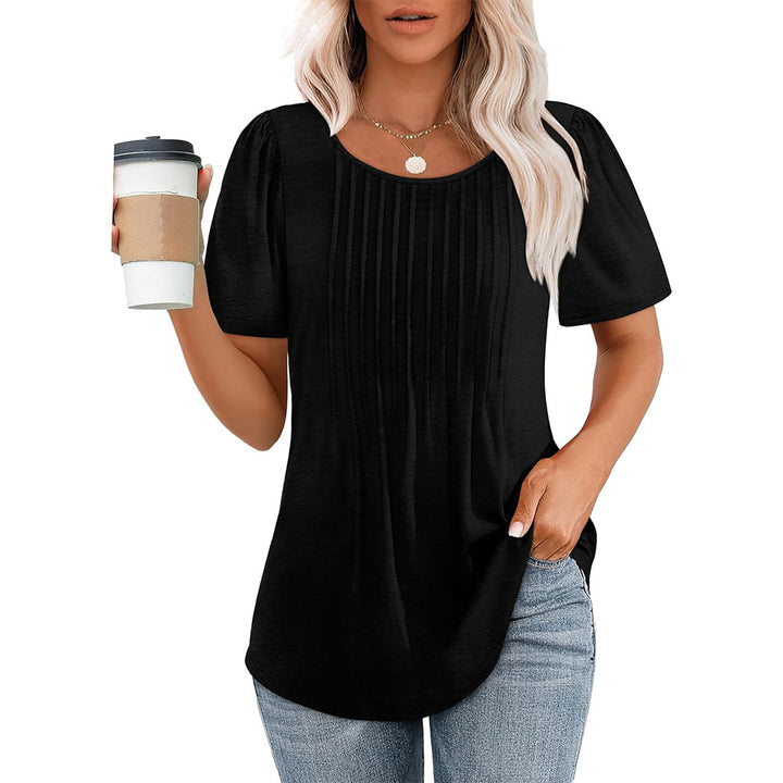 Pleated Round Neck Short-sleeved T-shirt Women's Top