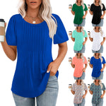 Pleated Round Neck Short-sleeved T-shirt Women's Top