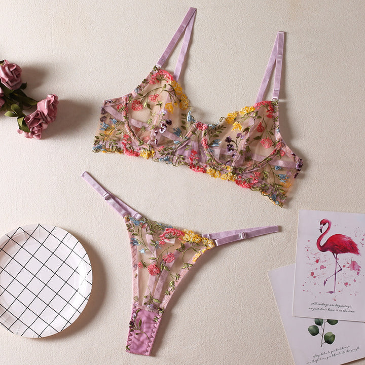 Floral Single Layer Bra With Steel Ring T-back Underwear Suit