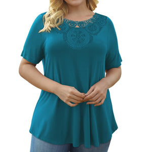 Women's Plus Size Short Sleeve Pullover Lace Pleated T-shirt Waist Top