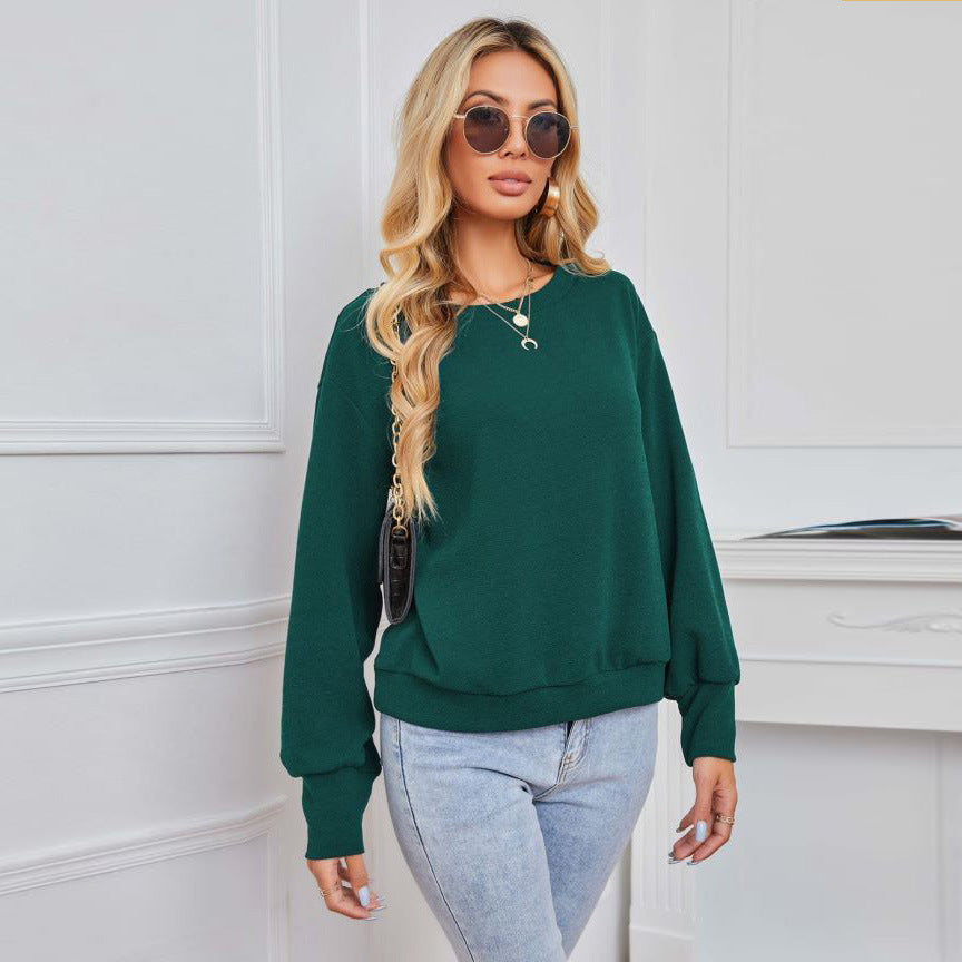 Solid Color Pullover Dark Green Women's Long Sleeve Loose Casual Top