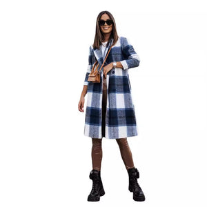 European And American Fall Winter Fashion Brushed Mid-length Plaid Wool Coat