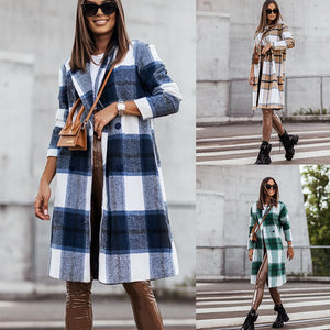 European And American Fall Winter Fashion Brushed Mid-length Plaid Wool Coat