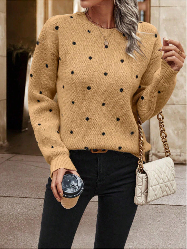 Fashion Round Neck Polka Dot Jacquard Long Sleeve Pullover Sweater