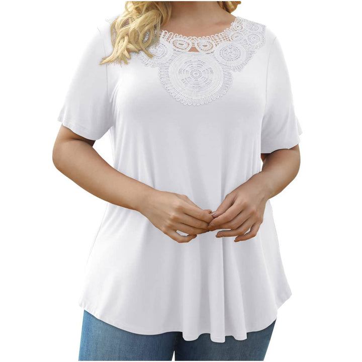 Women's Plus Size Short Sleeve Pullover Lace Pleated T-shirt Waist Top