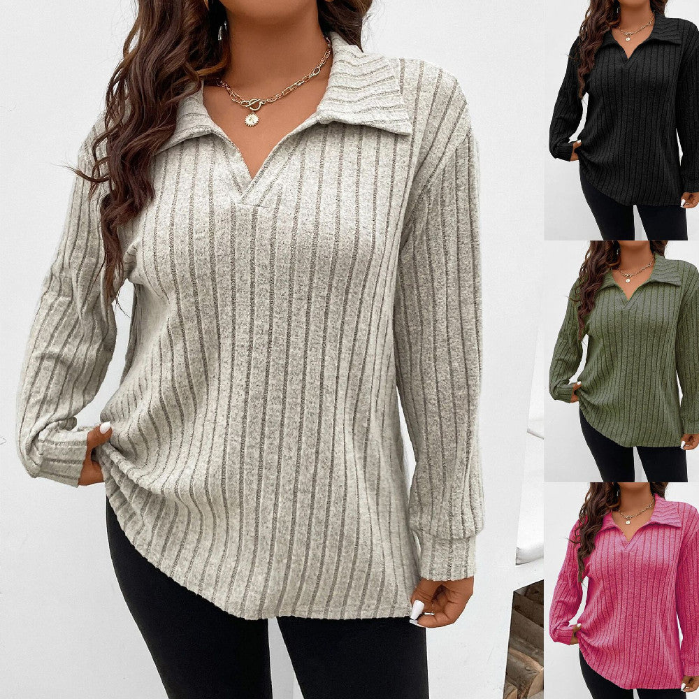 Solid Color Plus Size Women's Clothes Top V-shaped Lapel Sunken Stripe Brushed Long Sleeve