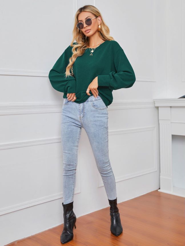 Solid Color Pullover Dark Green Women's Long Sleeve Loose Casual Top
