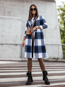 European And American Fall Winter Fashion Brushed Mid-length Plaid Wool Coat