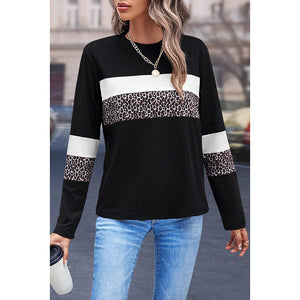 Leopard Print Color-block Crew Neck Pullover Women